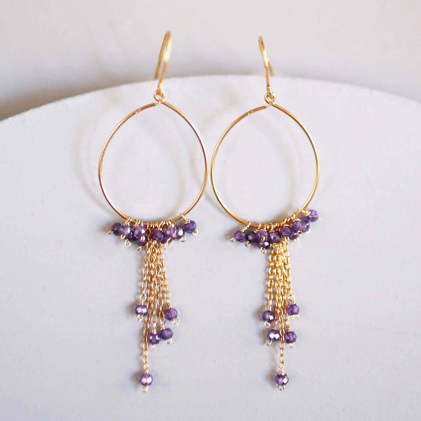 Garnet Mini Swing Hoop Earrings with delicate chains, 14k gold plated sterling silver, and garnet gemstones