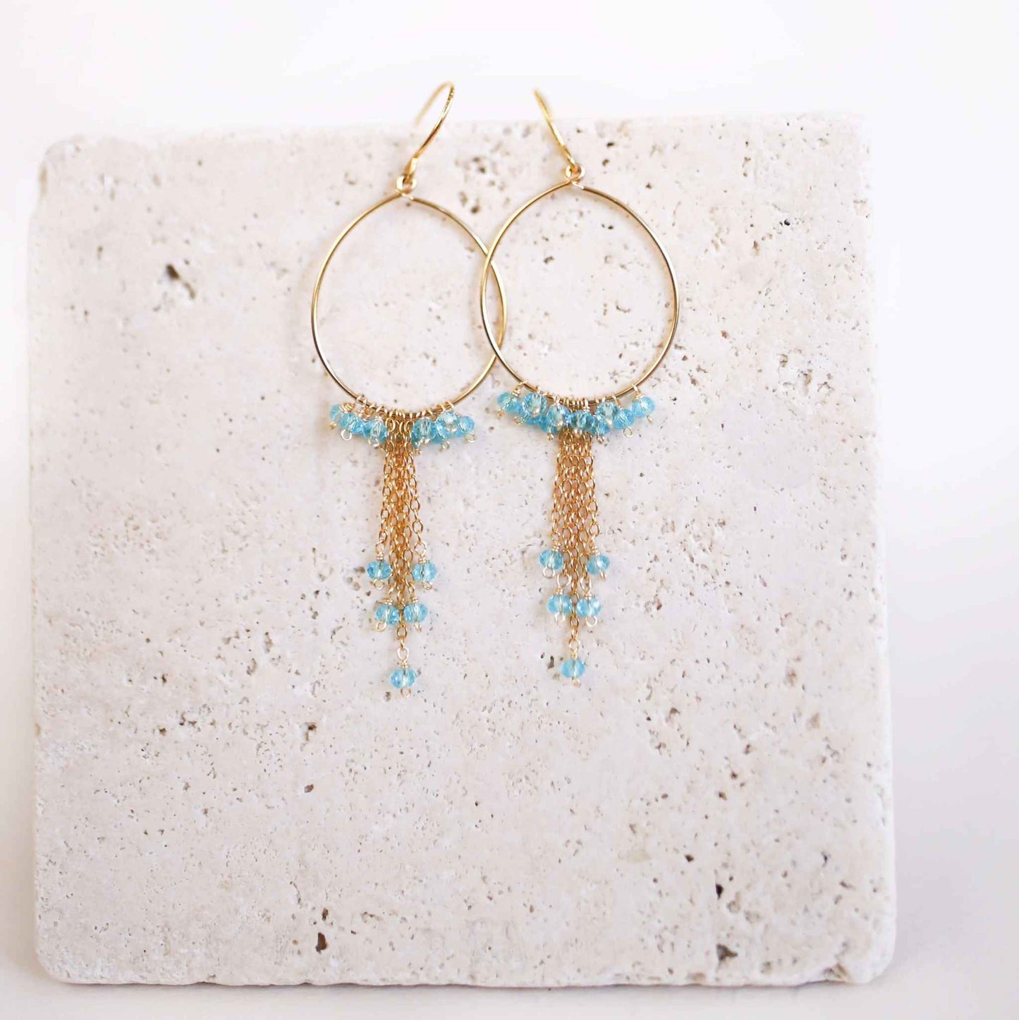 Garnet Mini Swing Hoop Earrings with delicate chains and 14k gold plated sterling silver
