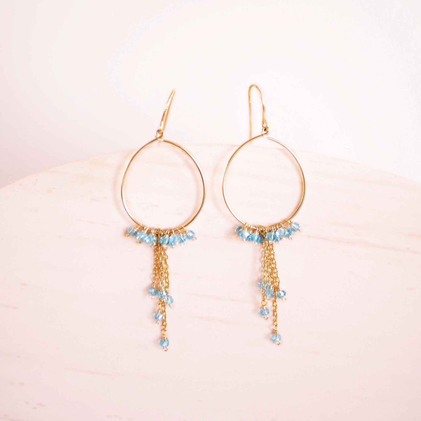 Garnet Mini Swing Hoop Earrings with delicate chains, 14k gold plated sterling silver, and garnet gemstones