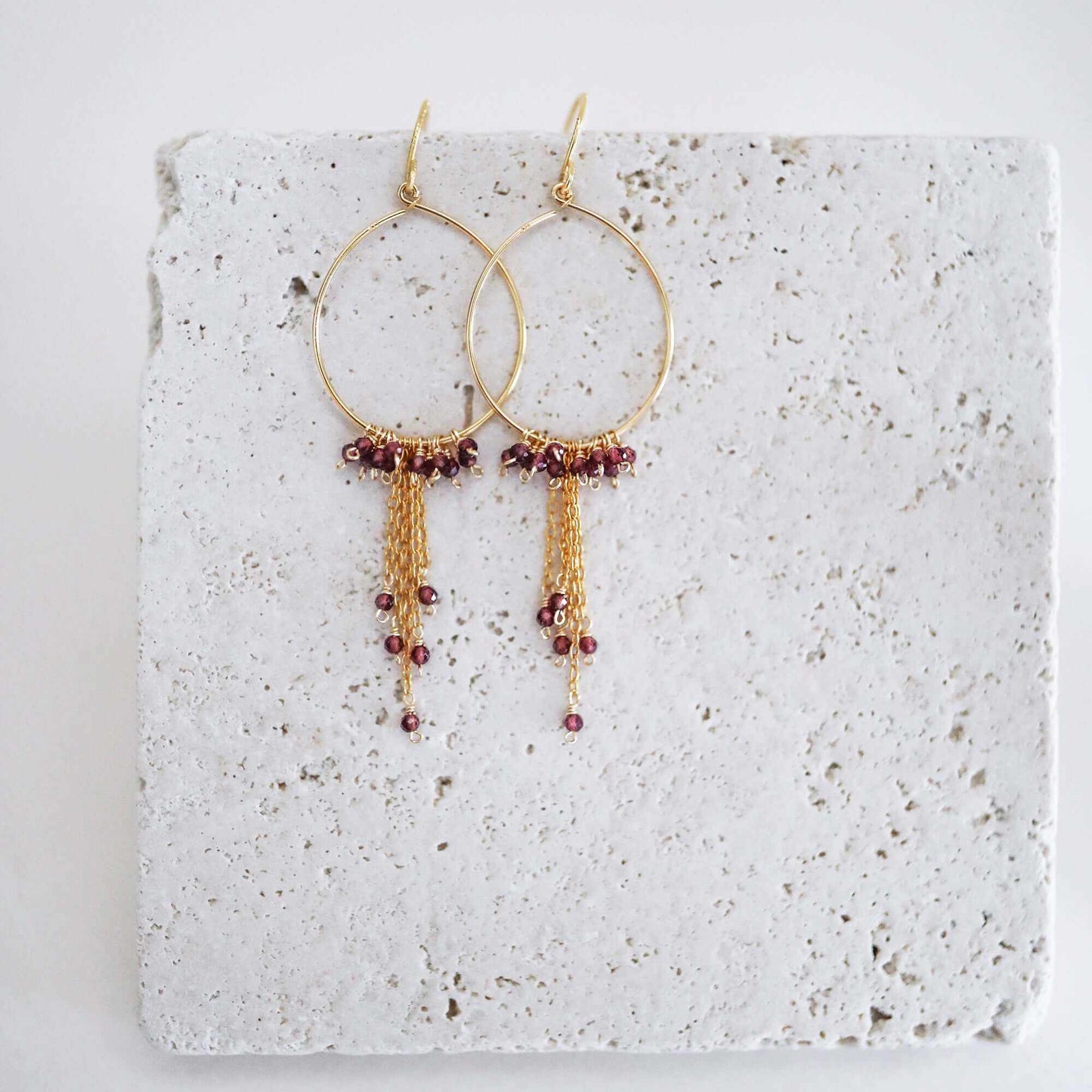 Garnet Mini Swing Hoop Earrings with delicate chains, 14k gold plated sterling silver, and garnet gemstones