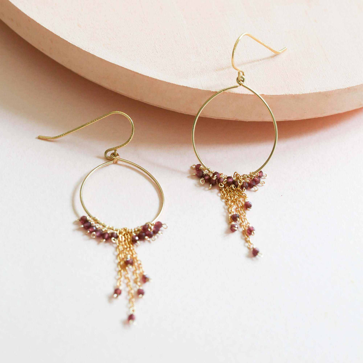 Garnet mini swing hoop earrings with delicate chains, 14k gold plated sterling silver, French hooks, and garnet gemstones