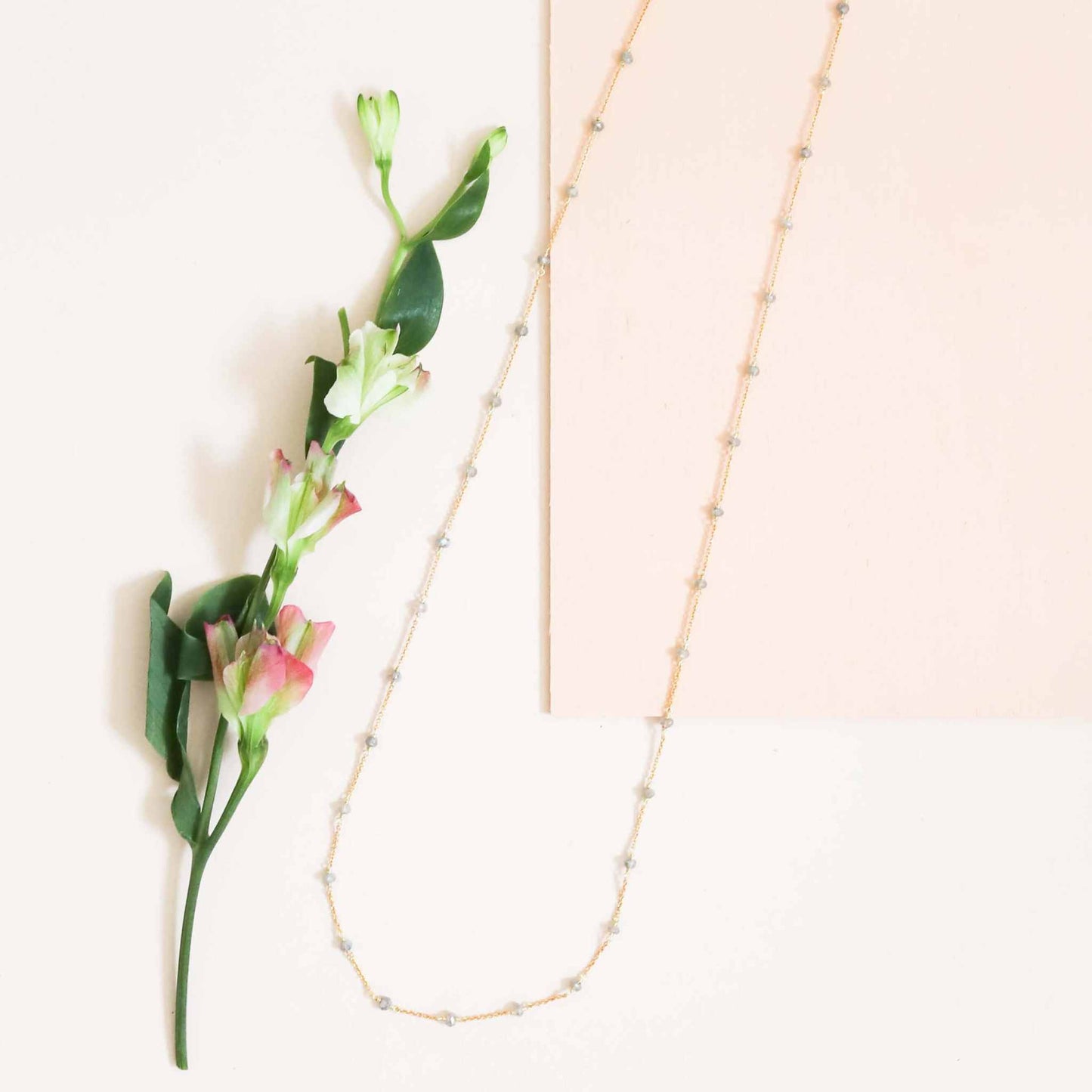 Gold labradorite layering chain necklace in 14k gold plated sterling silver with delicate links and spring ring clasp