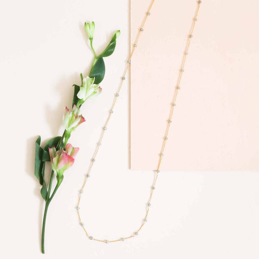 Gold labradorite layering chain necklace in 14k gold plated sterling silver with delicate links and spring ring clasp
