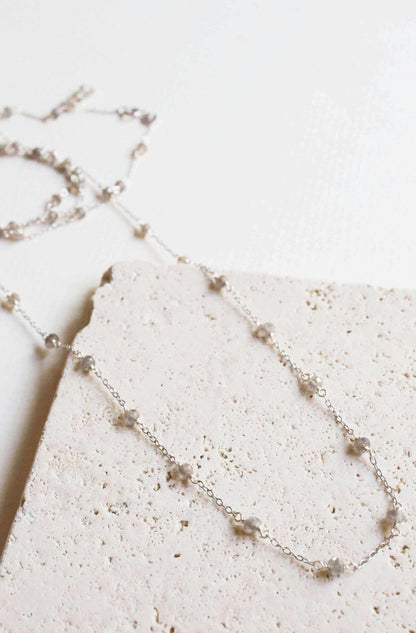 Gold labradorite layering chain necklace with delicate 14k gold plated sterling silver and spring ring clasp