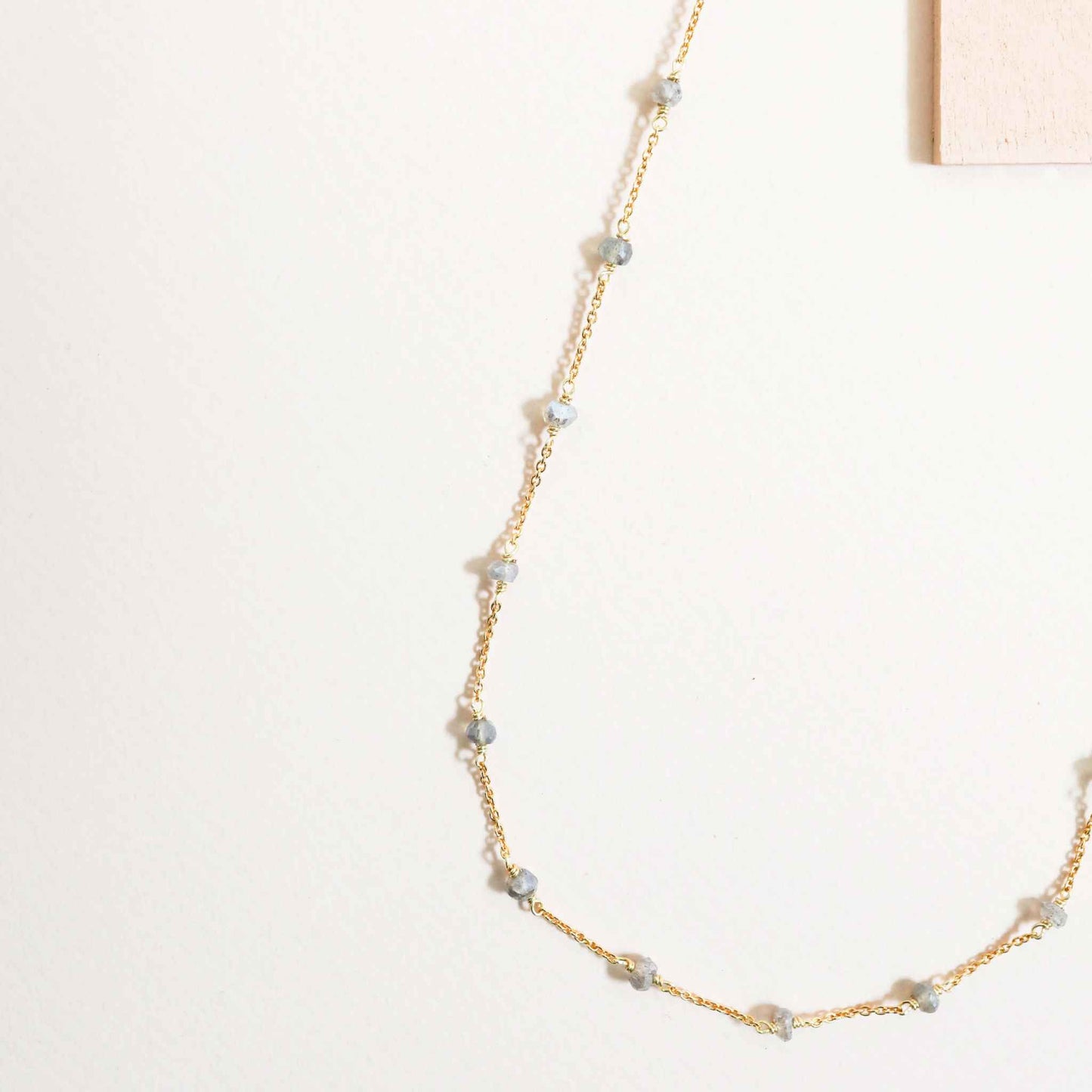 Gold labradorite layering chain necklace with delicate 14k gold plated sterling silver and spring ring clasp