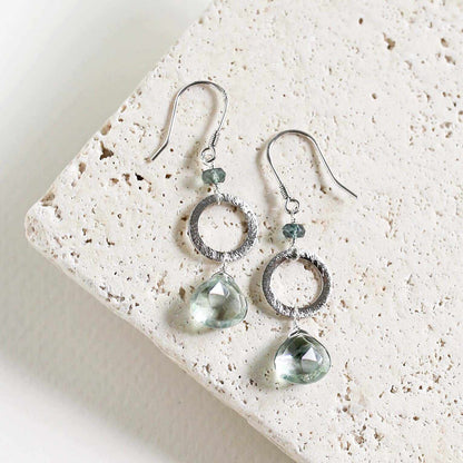 Green Amethyst earrings with French hooks, 1.5" long, rhodium plated sterling silver, handmade in NYC