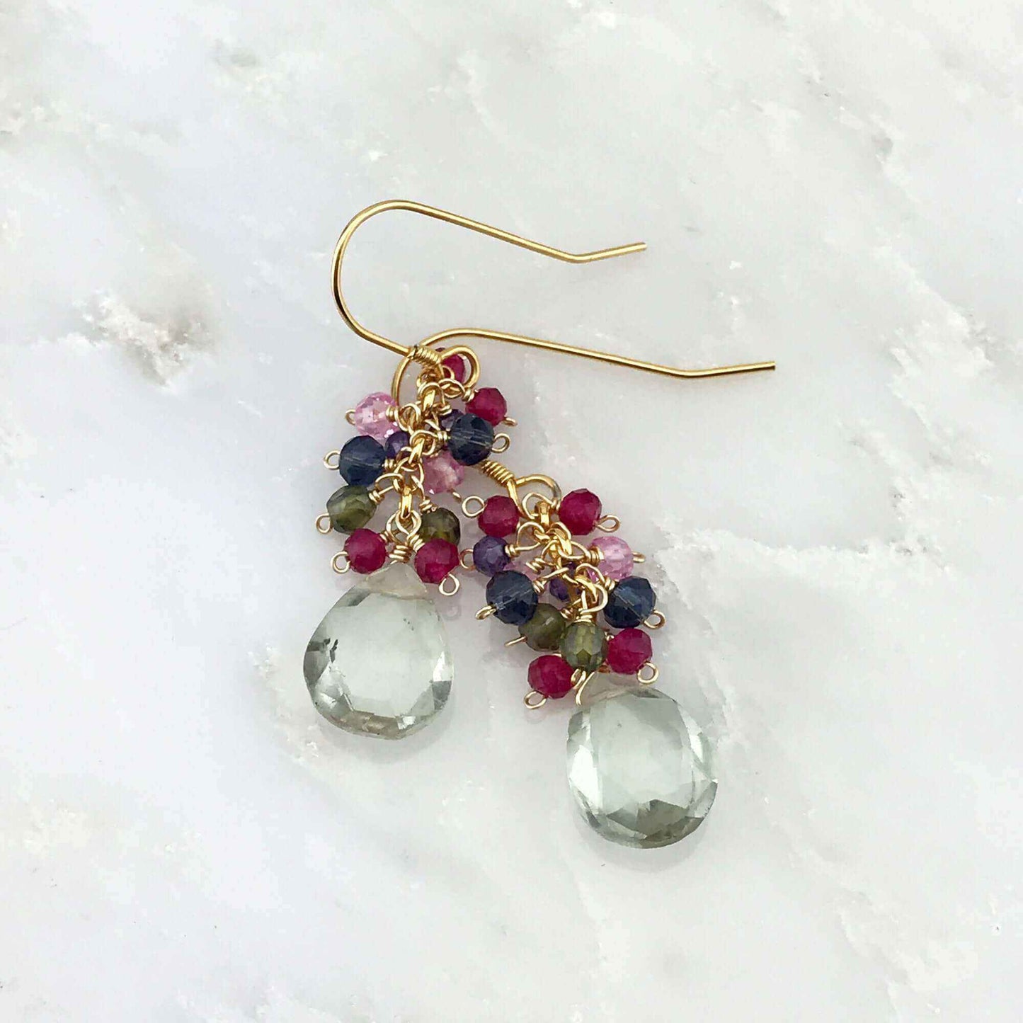 Green Amethyst Bala Earrings with multi-colored gemstones on gold plated sterling silver French hooks