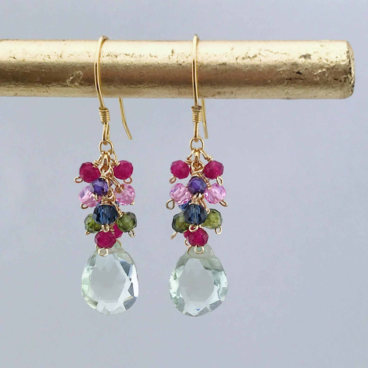 Green Amethyst Bala Earrings with multicolored gemstones and gold-plated sterling silver hooks