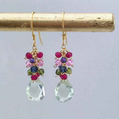 Green Amethyst Bala Earrings with multicolored gemstones and gold-plated sterling silver hooks