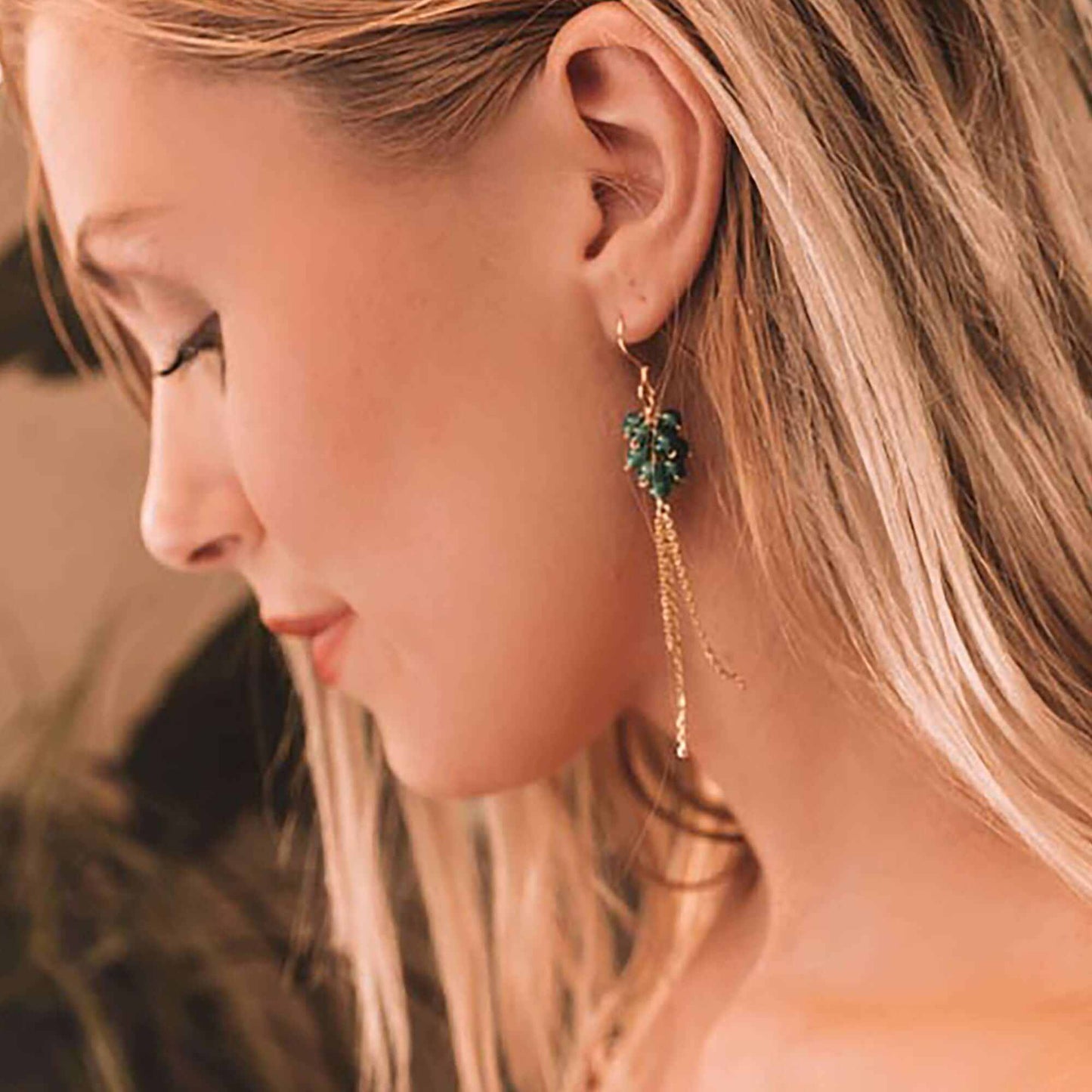 Green Apatite Yoga Earrings with 14k gold plated sterling silver and French hooks, 3-inch long