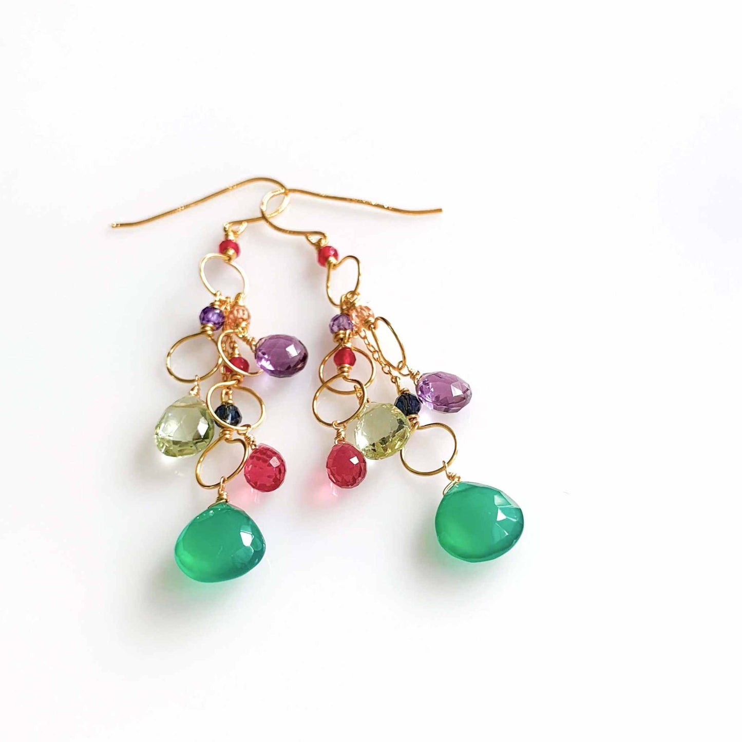 Green onyx rainbow waterfall chandelier earrings with amethyst and tourmaline gemstones