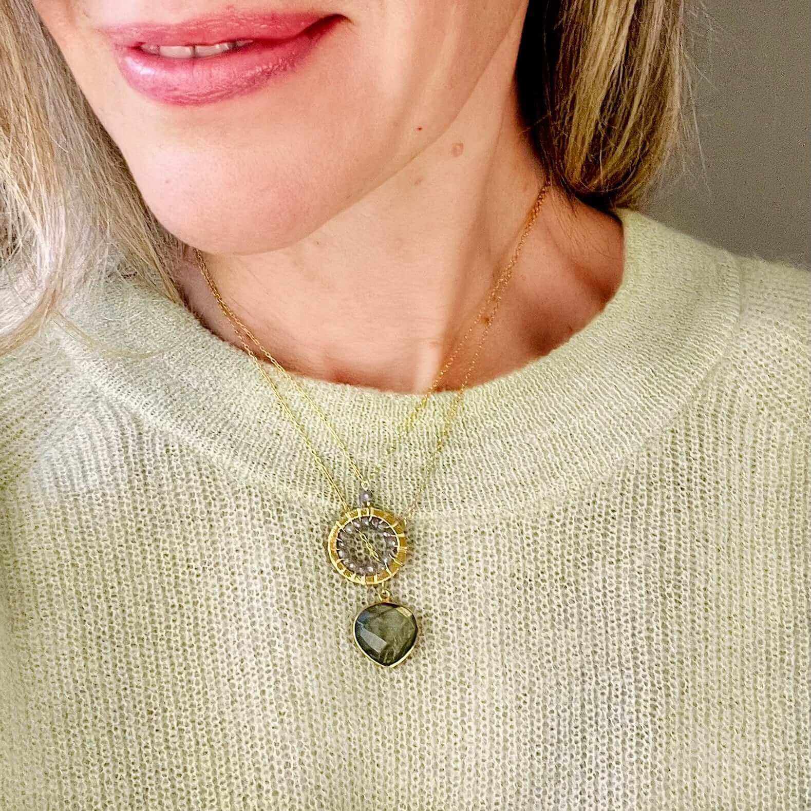 Halo Mini Gold Pendants with sparkling gems on 14k gold plated adjustable chain