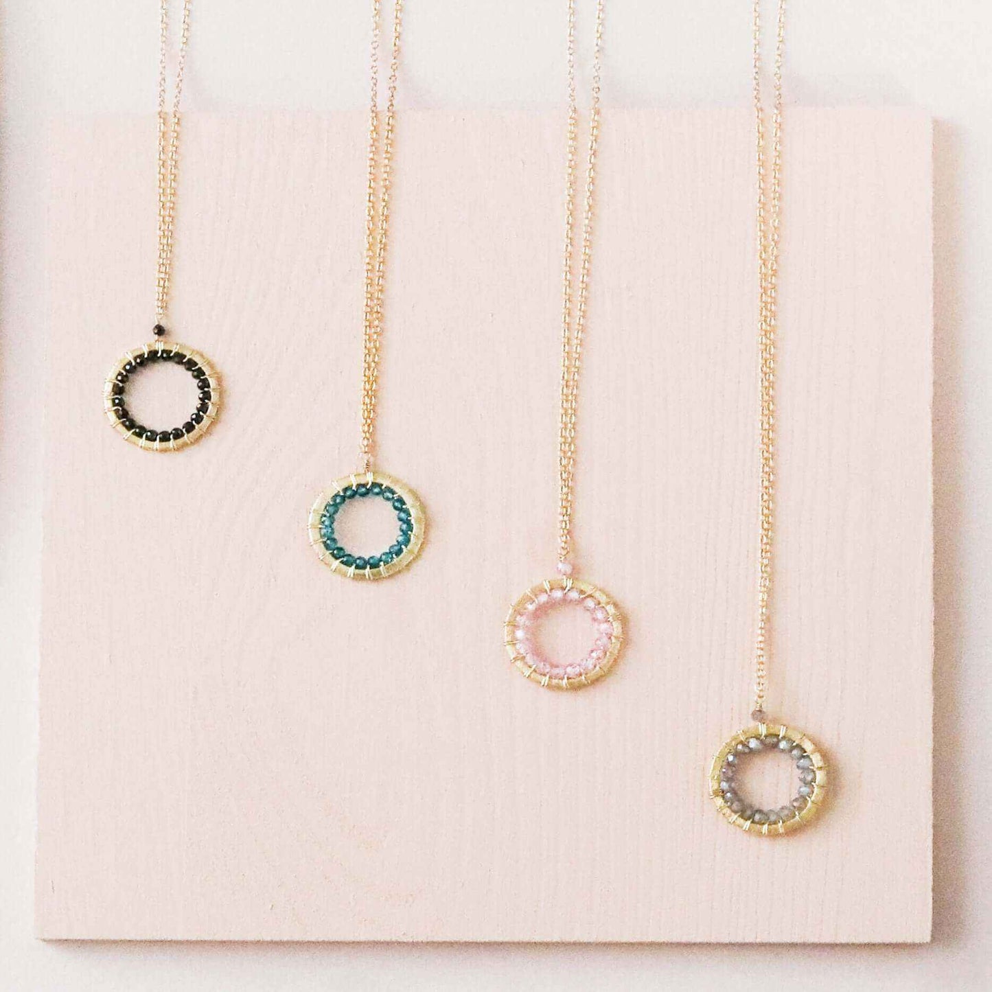 Halo Mini Gold Pendants on adjustable 14k gold plated chain with sparkling gems and lightweight design