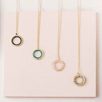 Halo Mini Gold Pendants on adjustable 14k gold plated chain with sparkling gems and lightweight design