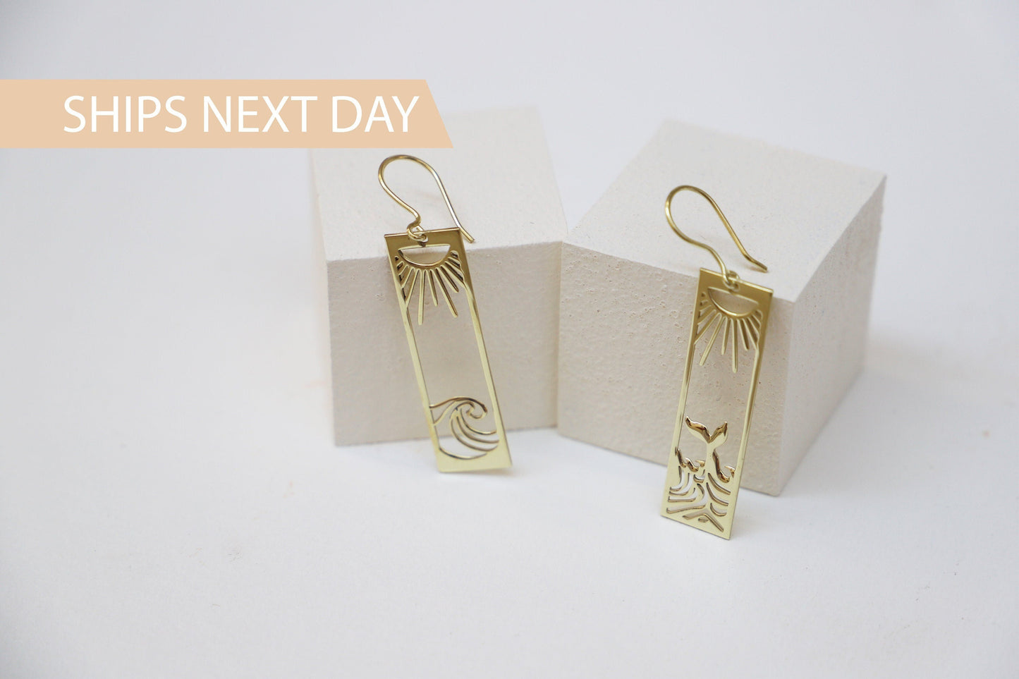 Sunshine Co. Sunrise Wave Dangle Earrings - Gold Boho Rectangle Drops for Women