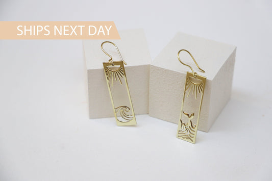 Sunshine Co. Sunrise Wave Dangle Earrings - Gold Boho Rectangle Drops for Women