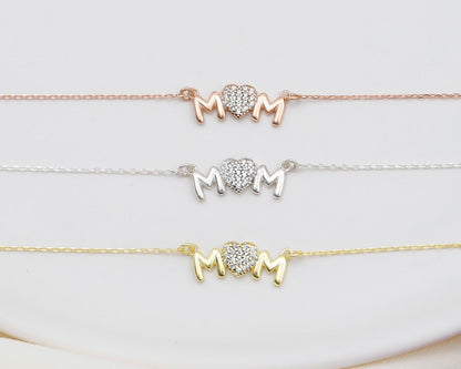 Sterling Silver Mom Necklace with Sparkling Diamond Heart