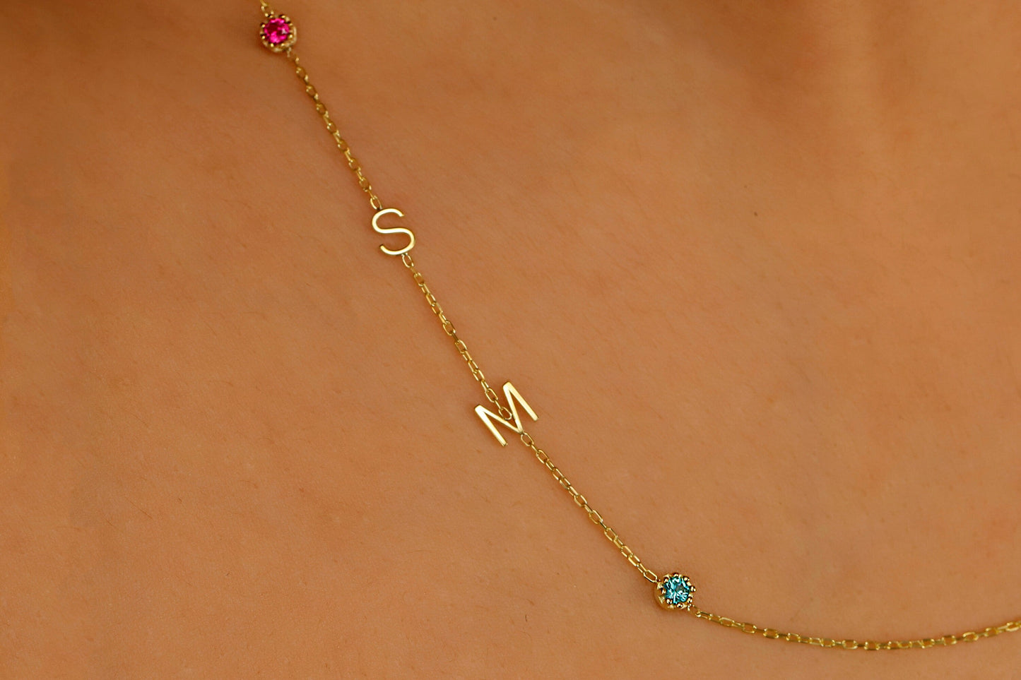 Gold Letter Birthstone Initial Necklace | Handmade Sideways Design | Unique Anniversary & Birthday Gift in Sterling Silver