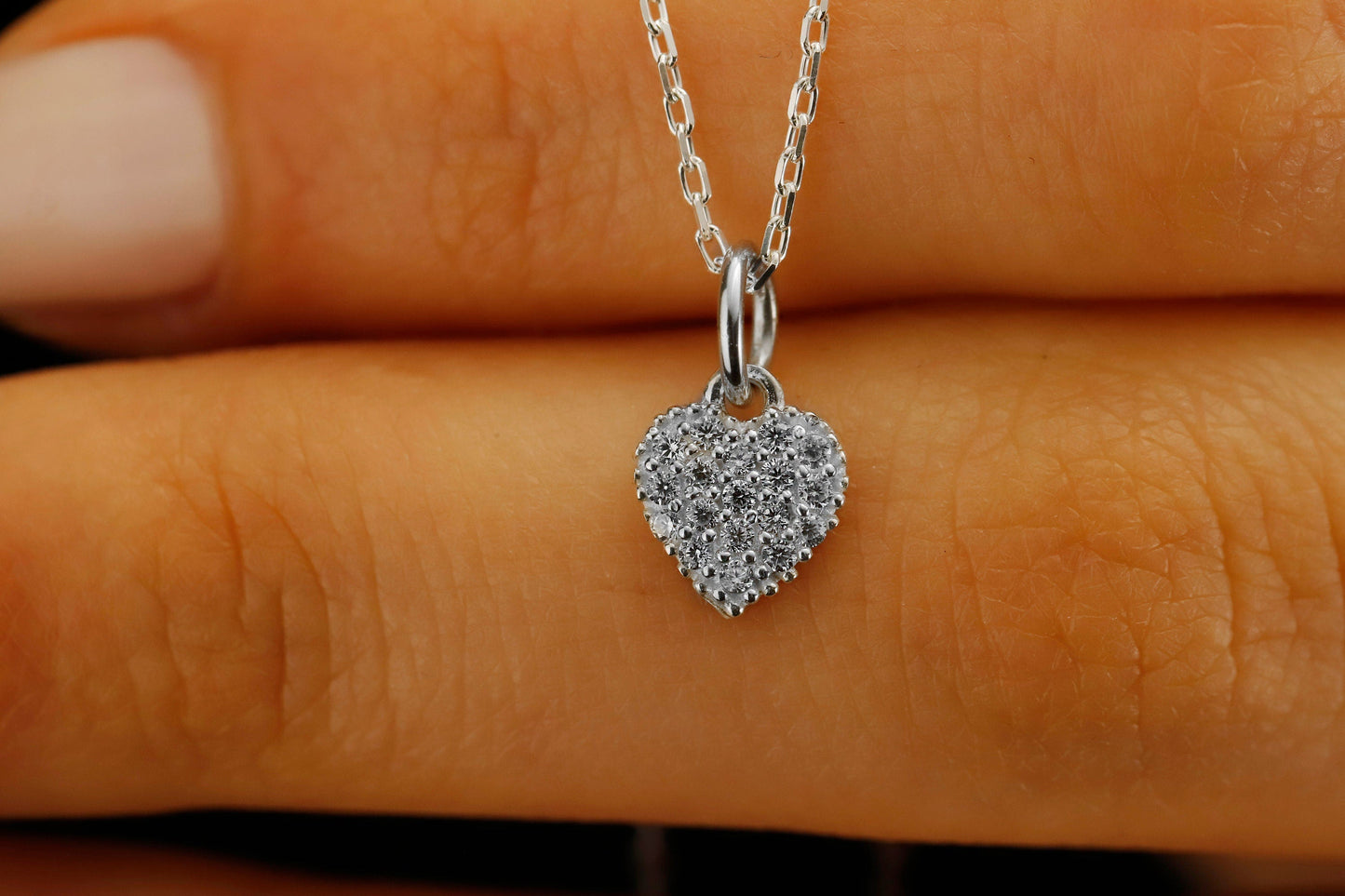 Heart Charm Necklace with Sparkling CZ Diamonds in 925 Sterling Silver