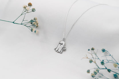Silver Ghost Necklace with Pumpkin Charm | Spooky Halloween Jewelry