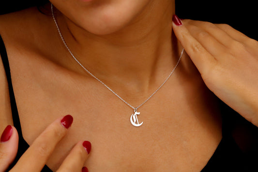 Elegant Initial Necklace - 925 Sterling Silver Old English Gothic Style