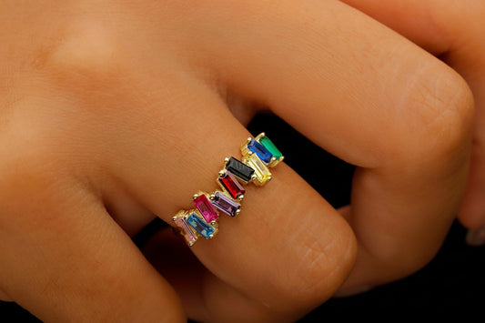Dainty Baguette Ring with Multicolor Gemstones in 925 Sterling Silver
