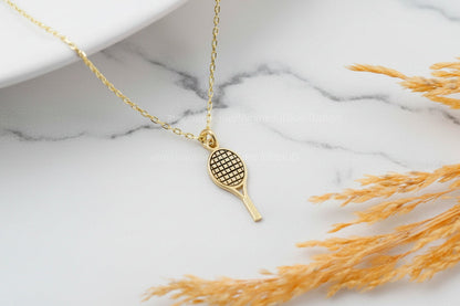925 Sterling Silver Dazzling Tennis Racket Necklace - Dainty Gold Pendant for Tennis Lovers, Unique Sports Jewelry Gift