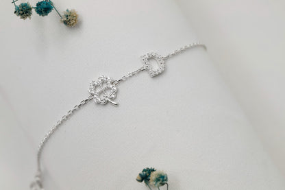 CZ Initial Bracelet with Clover Charm in 925 Sterling Silver