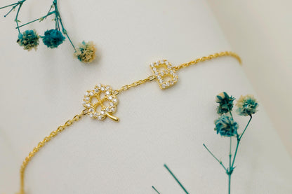 CZ Initial Bracelet with Clover Charm in 925 Sterling Silver