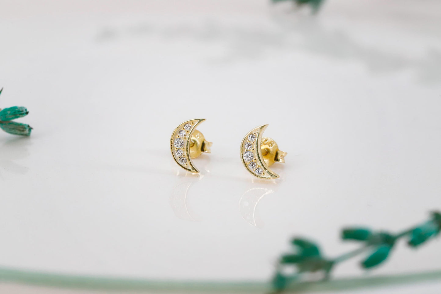 Luna Luxe Crescent Moon Studs • Dainty CZ Stone Earrings in Sterling Silver, Rose Gold, and Gold