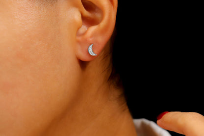Luna Luxe Crescent Moon Studs • Dainty CZ Stone Earrings in Sterling Silver, Rose Gold, and Gold