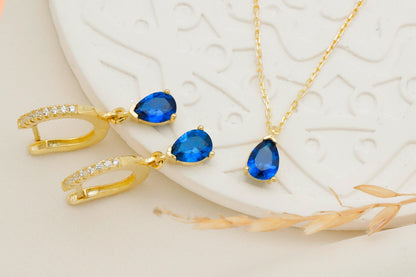 14K Gold Sapphire Jewelry Set - Elegant Sterling Silver Drop Earrings & Necklace for Timeless Style