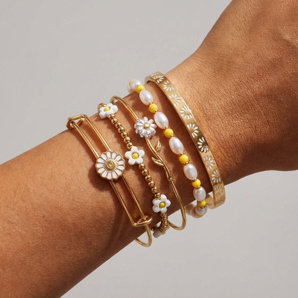 Daisy Flower Beaded Bangle Set of 5 ALEX AND ANI