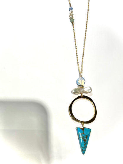 Long hoop Necklace with turquoise, opalite, pearl and Swarovski side detail