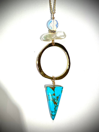 Long hoop Necklace with turquoise, opalite, pearl and Swarovski side detail