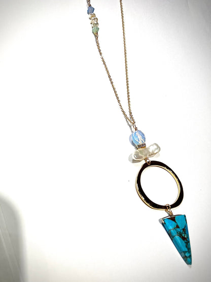 Long hoop Necklace with turquoise, opalite, pearl and Swarovski side detail