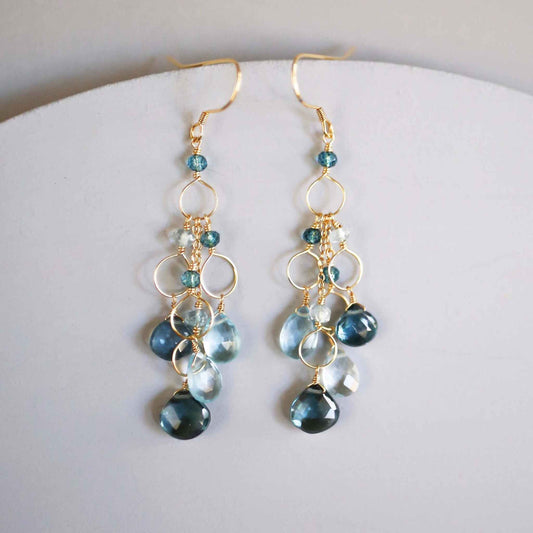 Iolite & Aquamarine Gold Waterfall EarringsElegant Iolite &amp; Aquamarine Gold Waterfall Earrings feature a unique tiered chandelier earring design, set in 14k gold plated over fine .925 Italian sterling silEarringsPARKEN JEWELRYVettedArcIolite & Aquamarine