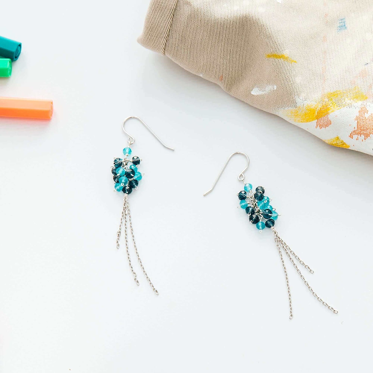 Iolite and Blue Apatite gemstones silver earrings with French hooks, 3 inches long, rhodium plated sterling silver