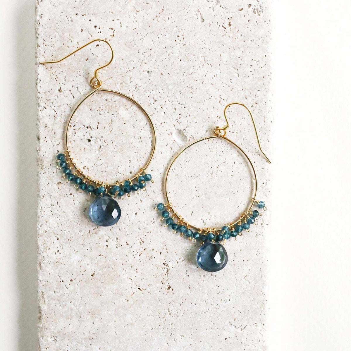 Iolite Swing Earrings 2.5" long 14k gold plated silver lightweight hoops
