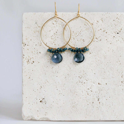 Iolite Swing Earrings 2.5 inch delicate 14k gold plated hoops over .925 Italian silver