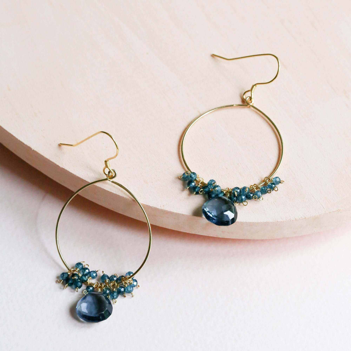 Elegant Iolite Swing Earrings with 14k gold plated .925 silver lightweight hoops, 2.5 inches long