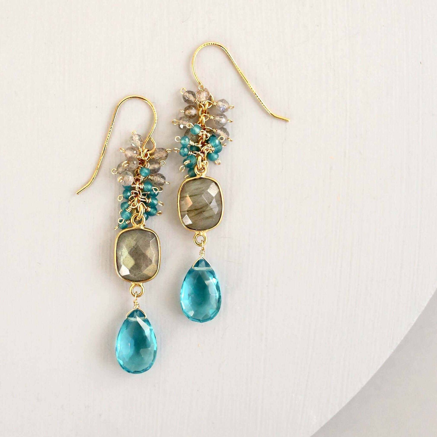 Labradorite bezel cluster earrings with neon blue quartz gemstones in 14k gold plated sterling silver