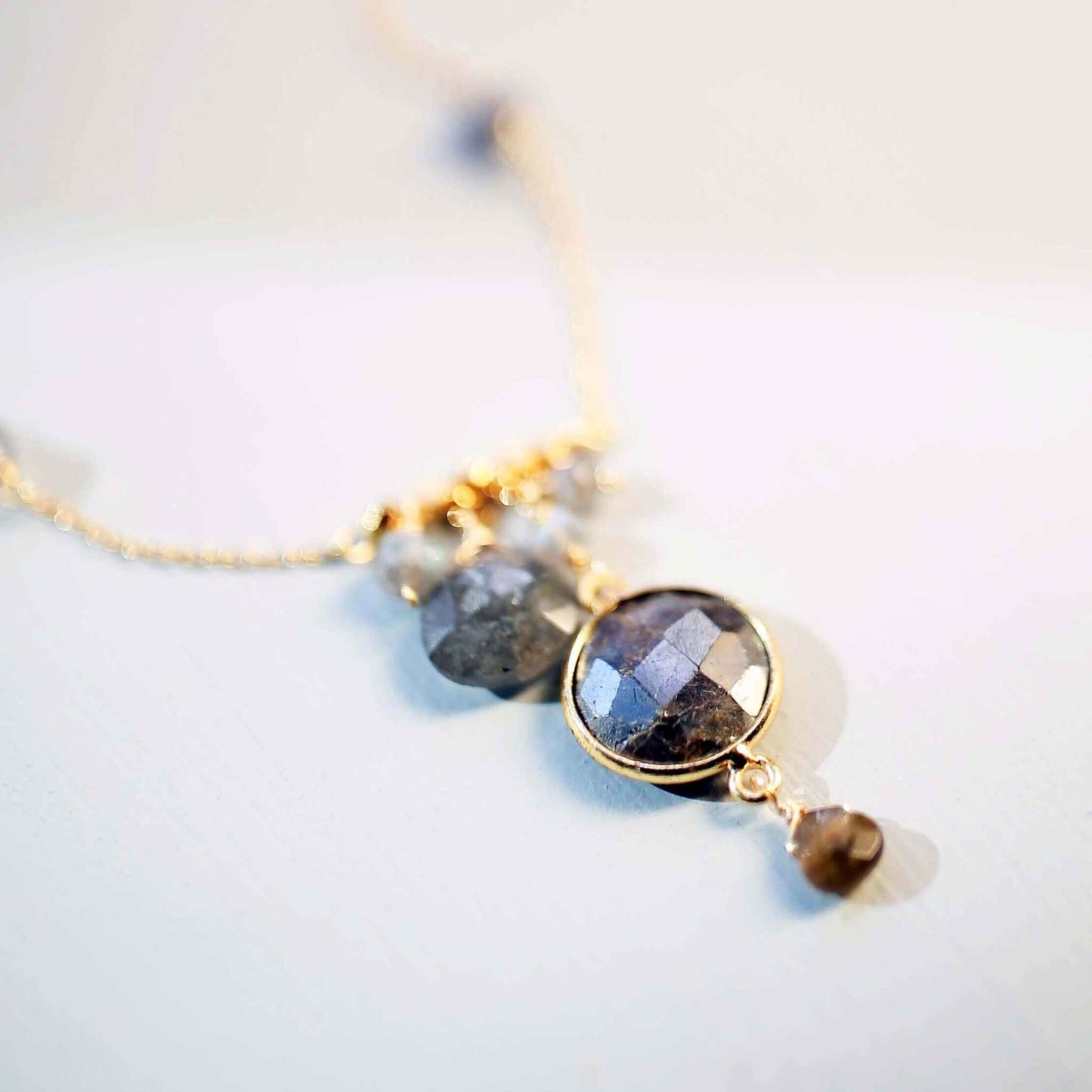 Labradorite bezel necklace with gold chain and multiple labradorite stones on sterling silver setting
