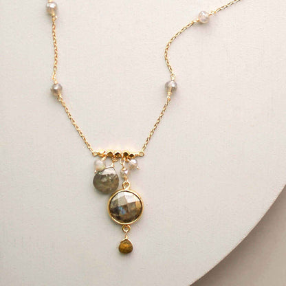 Labradorite bezel necklace with gold chain and accent stones on 14k gold plated sterling silver