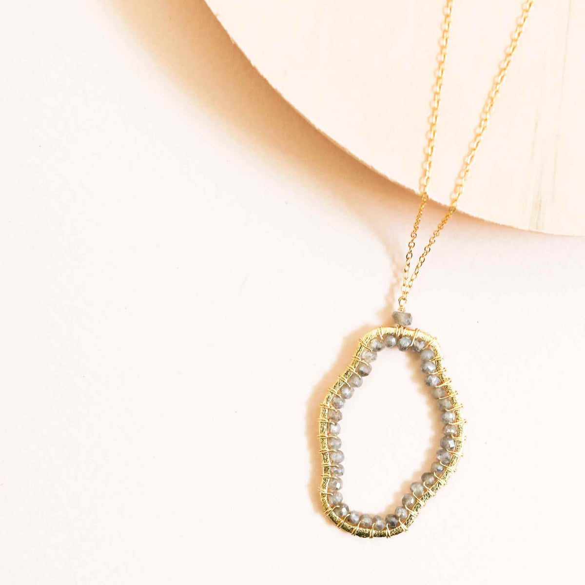 Gold Labradorite freestyle pendant necklace on delicate chain with spring ring clasp