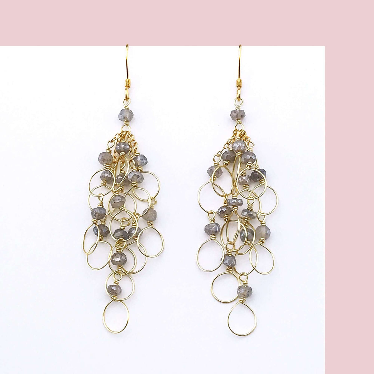 Labradorite gold chain loop earrings with French hooks, handmade 3-inch lightweight loops, 14k gold plated sterling silver