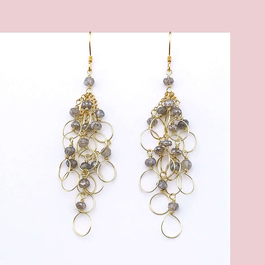 Labradorite gold chain loop earrings with French hooks, handmade 3-inch lightweight loops, 14k gold plated sterling silver