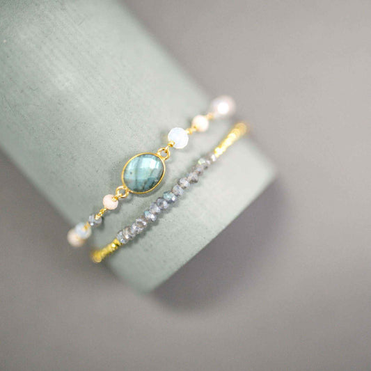 Labradorite & Peach Moonstone Adjustable Gemstone BraceletThe ultimate arm candy and completely adjustable to fit anyone. Made with sparkling bezel gemstones and tiny stone accents.
Gorgeous alone or stacked. We've got plenBraceletsPARKEN JEWELRYVettedArcLabradorite & Peach Moonstone