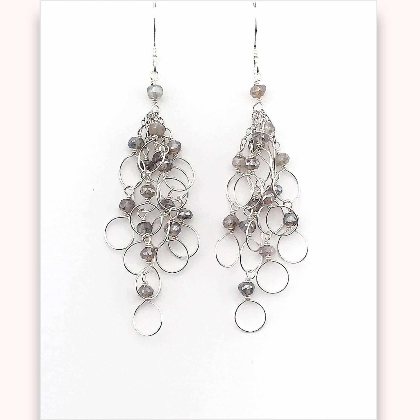 Labradorite chain loop earrings in silver with rhodium plated sterling silver and French hooks