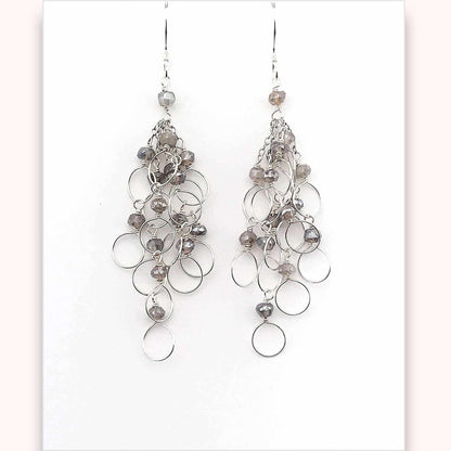 Labradorite chain loop earrings in silver with rhodium plated sterling silver and French hooks